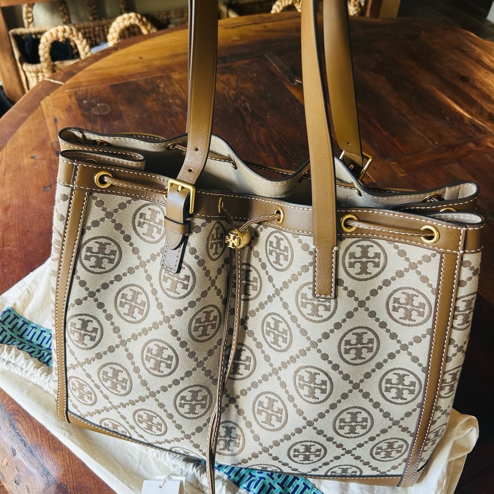 Tory Burch T monogram Jacquard Drawstring Tote - Large Hazelnut NWT